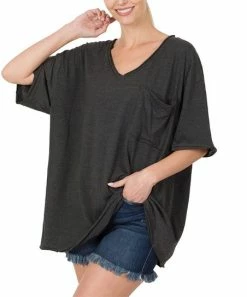 42POPS | Charcoal Oversize V-Neck Pocket Boyfriend Tee - Women
