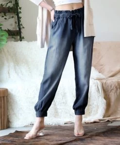 42POPS | Midnight Chambray Tie-Waist Pocket Paper-Bag Joggers - Women