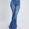 42POPS | Medium Wash Blue Distressed Button-Fly Flare Gigi Jeans - Juniors