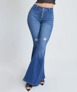 42POPS | Medium Wash Blue Distressed Button-Fly Flare Gigi Jeans - Juniors