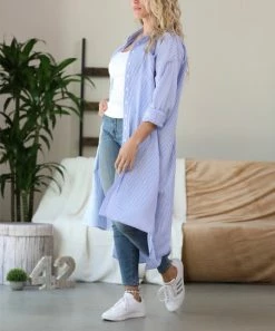42POPS | Light Blue Stripe Oversize Hi-Low Pocket Shirt Dress - Women