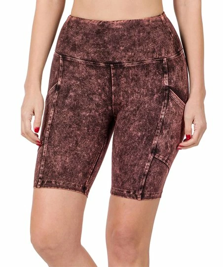 42POPS | Rust Brown Mineral Wash Wide-Waistband Pocket Bike Shorts - Women