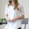 42POPS | Ivory Lace-Contrast V-Neck Short-Sleeve Raglan Curved-Hem Top - Women