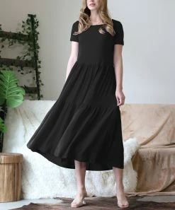 42POPS | Black Tiered Short-Sleeve Midi Dress - Women