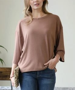 42POPS | Cocoa Drop-Shoulder Crewneck Three-Quarter Sleeve Hi-Low Tee - Women