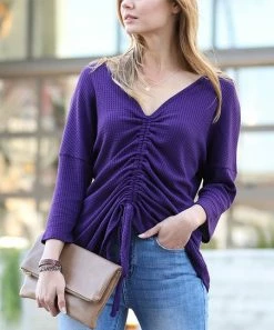 42POPS | Eggplant Waffle Reversible Ruched V-Neck Long-Sleeve Top - Women