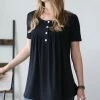 42POPS | Black Button-Front Scoop Neck Short-Sleeve Swing Top - Women