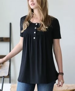 42POPS | Black Button-Front Scoop Neck Short-Sleeve Swing Top - Women