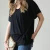 42POPS | Black Front-Tie Scoop Neck Short-Sleeve Top - Women