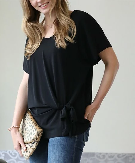 42POPS | Black Front-Tie Scoop Neck Short-Sleeve Top - Women