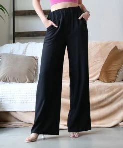 42POPS | Black Elastic-Waist Pocket Linen-Blend Wide-Leg Pants - Women