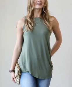 42POPS | Light Olive Crewneck Sleeveless Curved-Hem Tunic - Women