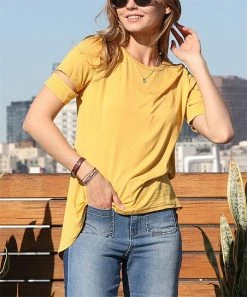 42POPS | Mustard Crewneck Split Short-Sleeve Hi-Low Tee - Women