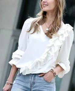 42POPS | Off-White Ruffle V-Neck Poet-Sleeve Top - Women