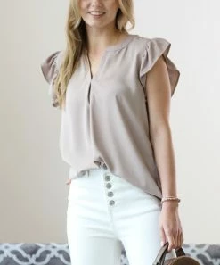42POPS | Ash Mocha Ruffle Notch Neck Cap-Sleeve Tunic - Women