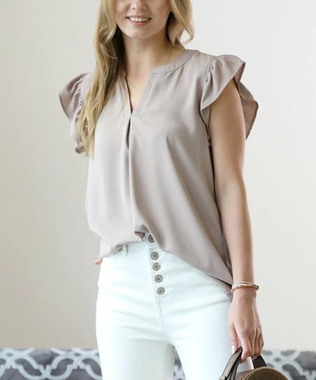 42POPS | Ash Mocha Ruffle Notch Neck Cap-Sleeve Tunic - Women