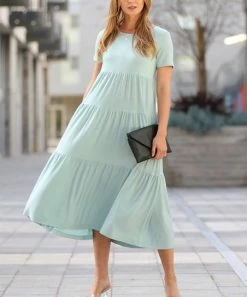 42POPS | Light Green Tiered Crewneck Short-Sleeve Midi Dress - Women