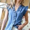 42POPS | Denim Blue Ruffle Button-Up Flutter-Sleeves Top - Women