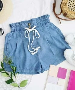 42POPS | Medium Chambray Drawstring Pocket Paper Bag Shorts - Women
