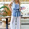 42POPS | Light Denim Sleeveless Tie-Waist Side-Slit Jumpsuit - Women