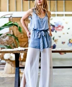 42POPS | Light Denim Sleeveless Tie-Waist Side-Slit Jumpsuit - Women