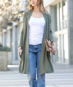 42POPS | Light Olive Longline Pocket Open Cardigan - Women