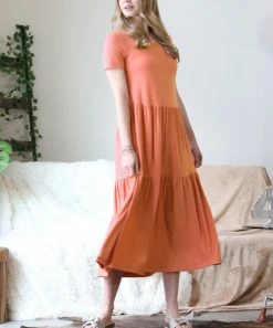 42POPS | Ash Copper Scoop Neck Short-Sleeve Tiered Midi Dress - Women