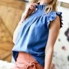 42POPS | Blue Denim Mock Neck Flutter-Sleeve Top - Women