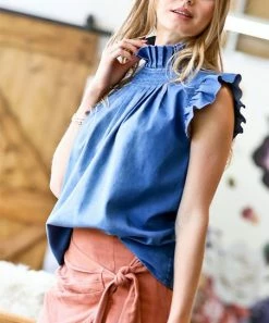 42POPS | Blue Denim Mock Neck Flutter-Sleeve Top - Women