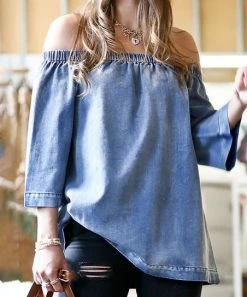 42POPS | Blue Denim Three-Quarter Sleeve Off-Shoulder Top - Women