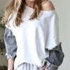 42POPS | Off-White & Gray Fringed Denim-Sleeve Sweatshirt - Women