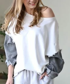 42POPS | Off-White & Gray Fringed Denim-Sleeve Sweatshirt - Women