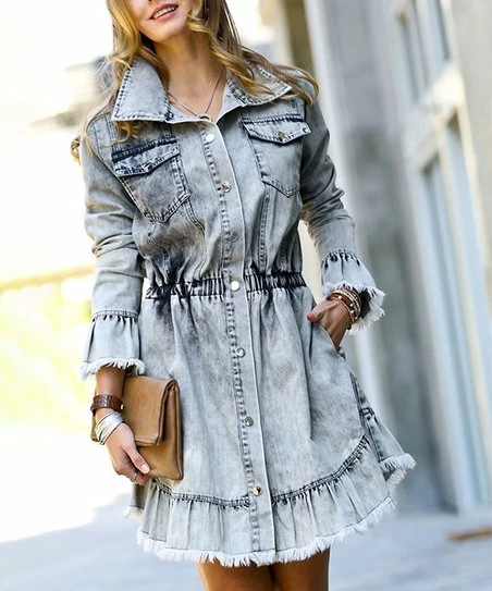 42POPS | Gray Denim Fringed Button-Up Shirt Dress - Women