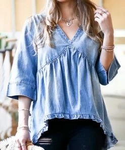 42POPS | Blue Denim Ruffle-Trim Three-Quarter Sleeve Swing Top - Women