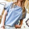 42POPS | Light Denim Shirred-Cuff Puff-Sleeve Top - Women