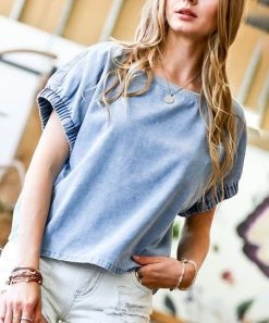 42POPS | Light Denim Shirred-Cuff Puff-Sleeve Top - Women