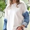 42POPS | Off-White & Blue Fringed Denim-Sleeve Sweatshirt - Women