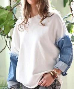 42POPS | Off-White & Blue Fringed Denim-Sleeve Sweatshirt - Women