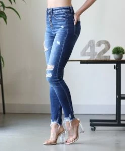 42POPS | Dark Distressed Button-Fly Crop Skinny Jeans - Women