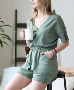 42POPS | Light Olive Drop Shoulder Elastic-Waist V-Neck Pocket Romper - Women