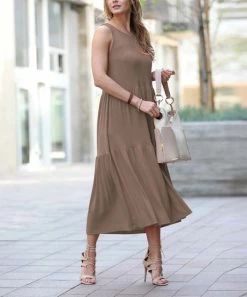 42POPS | Mocha Sleeveless Tiered Midi Dress - Women