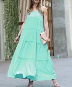 42POPS | Mint V-Neck Tiered Cami-Strap Pocket Maxi Dress - Women