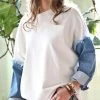 42POPS | Off White & Denim Blue Fringe-Trim Boatneck Denim-Sleeve Top - Women
