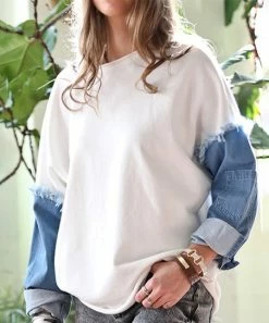 42POPS | Off White & Denim Blue Fringe-Trim Boatneck Denim-Sleeve Top - Women