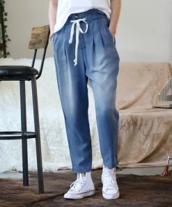 42POPS | Dark Chambray Drawstring Pocket Paper Bag Pants - Women