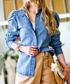 42POPS | Denim Blue Shirred-Sleeve Button-Up - Women