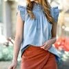 42POPS | Light Denim Blue Ruffle-Neck Flutter-Sleeve Top - Women