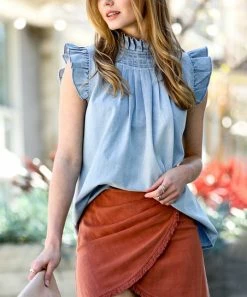 42POPS | Light Denim Blue Ruffle-Neck Flutter-Sleeve Top - Women