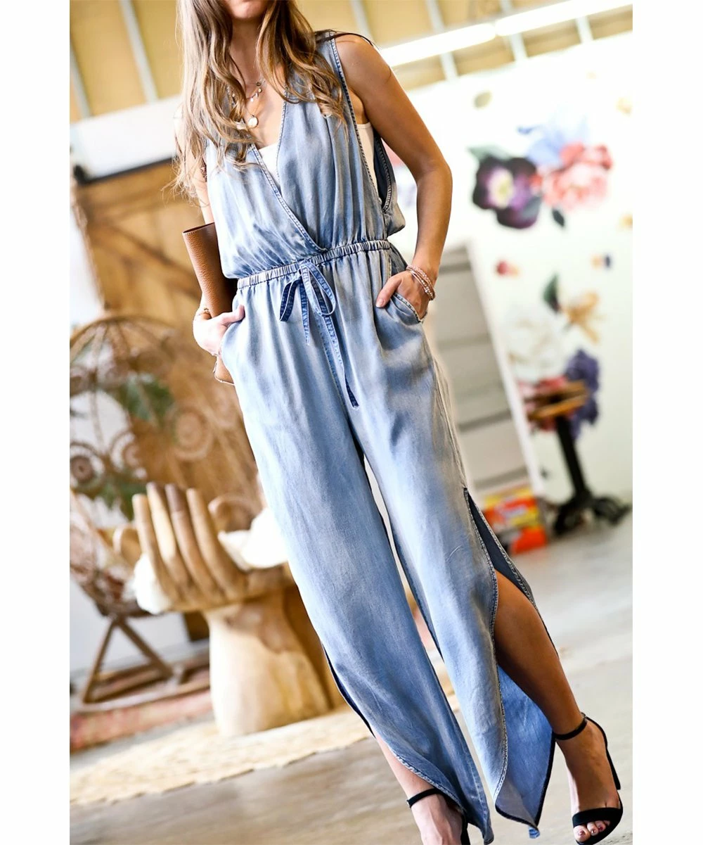 42POPS | Light Denim Side-Slit Tie-Waist Sleeveless Pocket Surplice Jumpsuit - Women - Image 2