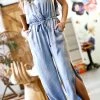 42POPS | Light Denim Side-Slit Tie-Waist Sleeveless Pocket Surplice Jumpsuit - Women